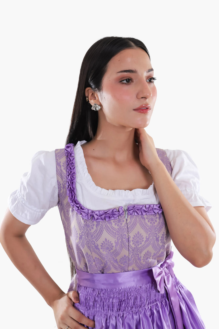 Damen Dirndl | Traditionelles Midi Trachtenkleid mit Stickerei und Schürze für Oktoberfest