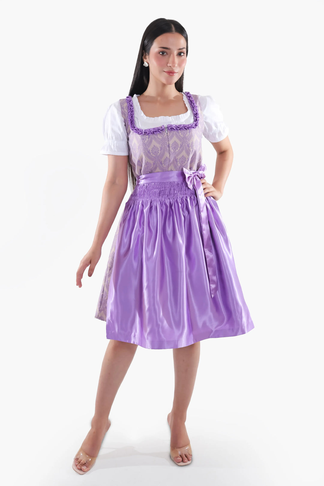 Damen Dirndl | Traditionelles Midi Trachtenkleid mit Stickerei und Schürze für Oktoberfest