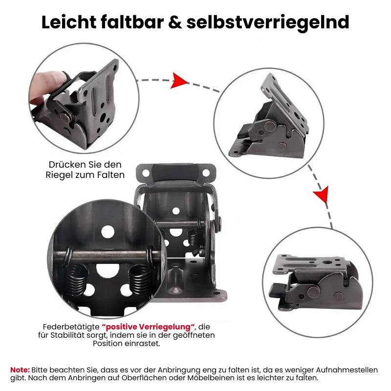 Selbstverriegelnde Klappscharniere 90° | 2er-Set aus verzinktem Metall mit Federverriegelung für Klapptische &amp; Möbel