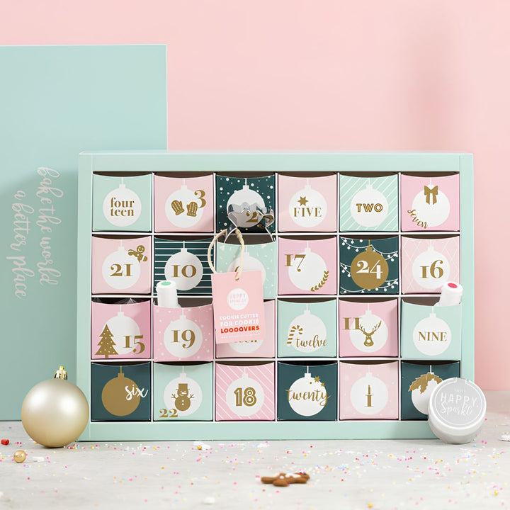 Back-Adventskalender 2026 mit 24 Türchen | Mint-Edition mit Streuselmixen, Lebensmittelfarben, essbarem Glitzer und Backzubehör