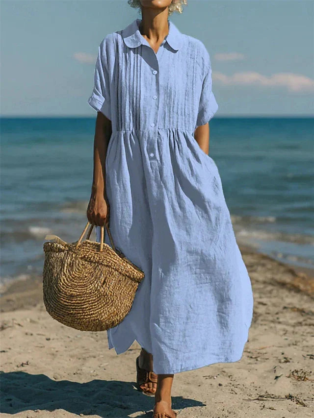 Fließendes Hemdblusenkleid aus Baumwolle mit Knopfleiste | Midi-Länge mit Taschen &amp; geraffter Taille | JANNY Sommerkleid