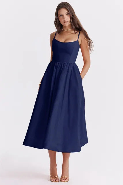 Robe midi élégante en mélange de lin | Corsage cintré &amp; jupe fluide | Bretelles réglables avec poches latérales