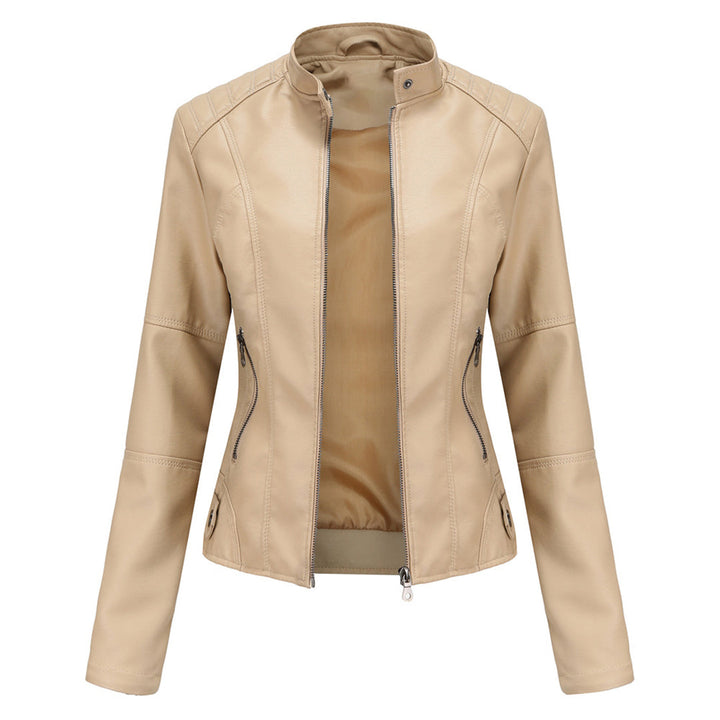 Damen Lederjacke | Taillierte Übergangsjacke mit Reißverschluss, Druckknopfkragen und praktischen Taschen