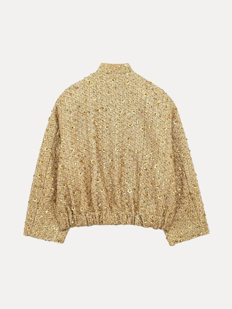 Damen Tweedjacke mit goldenen Pailletten | Eleganter Blazer mit Reverskragen, Knopfleiste und langen Ärmeln für festliche Outfits