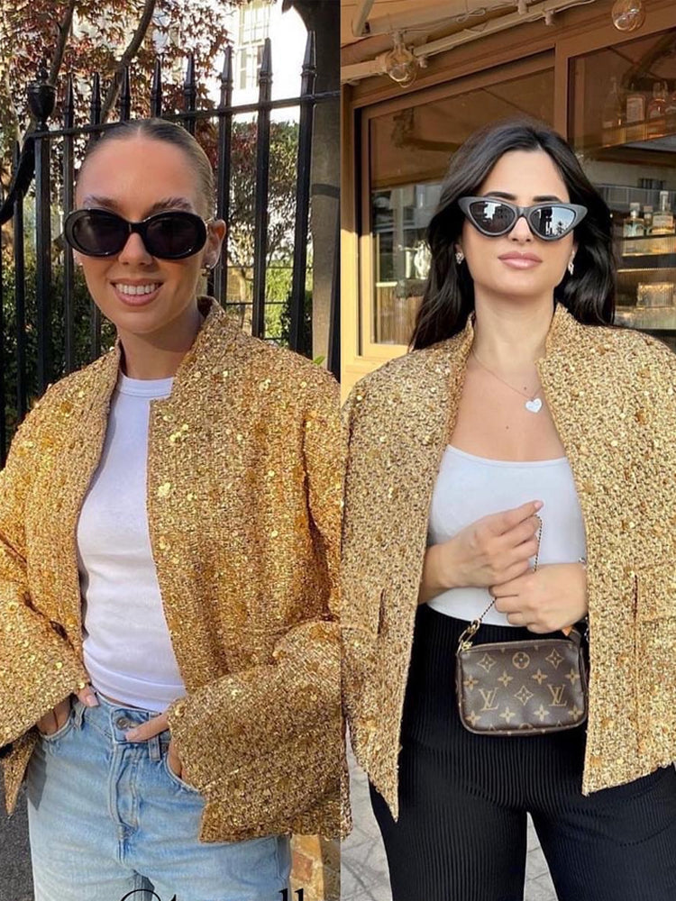 Damen Tweedjacke mit goldenen Pailletten | Eleganter Blazer mit Reverskragen, Knopfleiste und langen Ärmeln für festliche Outfits