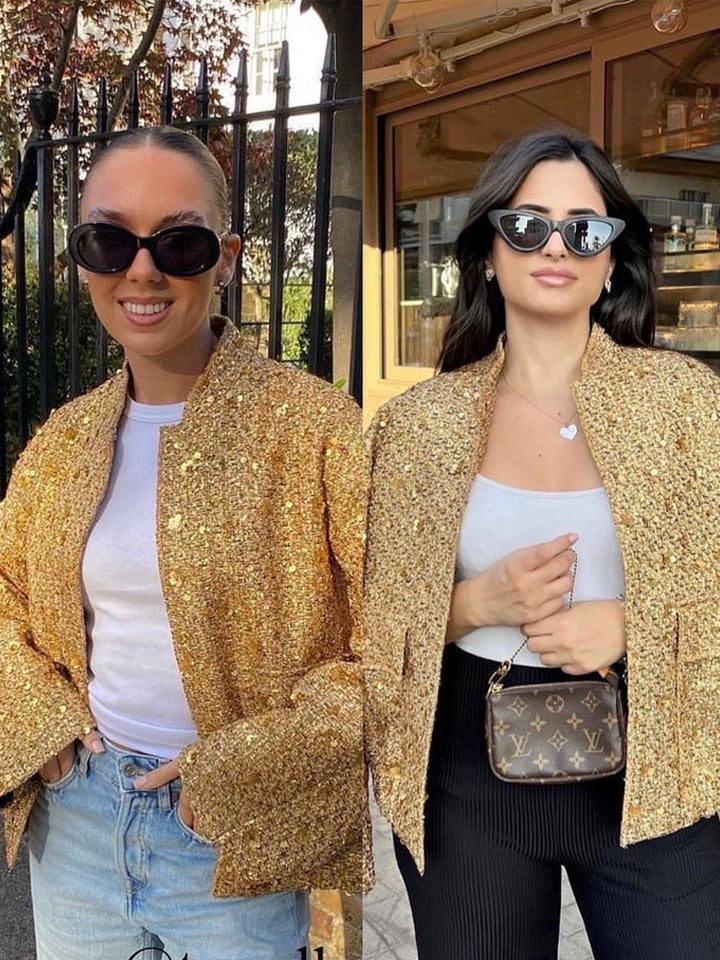 Damen Tweedjacke mit goldenen Pailletten | Eleganter Blazer mit Reverskragen, Knopfleiste und langen Ärmeln für festliche Outfits