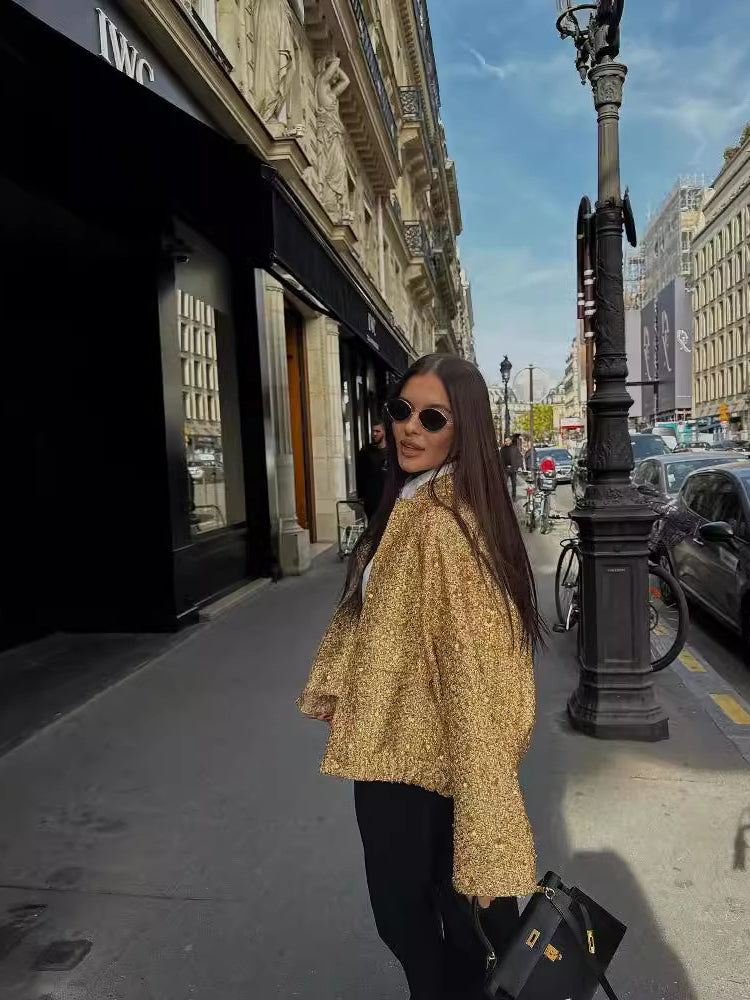 Damen Tweedjacke mit goldenen Pailletten | Eleganter Blazer mit Reverskragen, Knopfleiste und langen Ärmeln für festliche Outfits