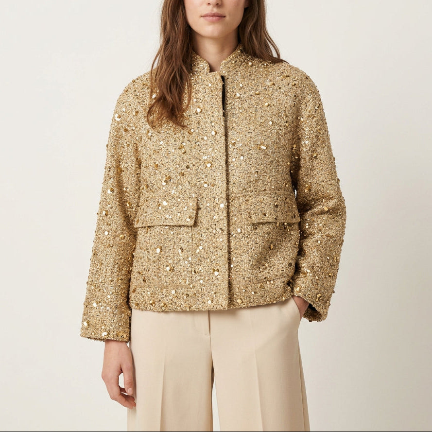 Damen Tweedjacke mit goldenen Pailletten | Eleganter Blazer mit Reverskragen, Knopfleiste und langen Ärmeln für festliche Outfits
