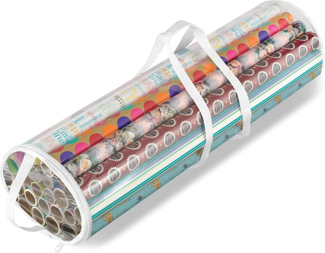 Geschenkpapier Organizer | Transparente Aufbewahrungstasche für bis zu 25 Geschenkpapierrollen mit Reißverschluss und Tragegriffen