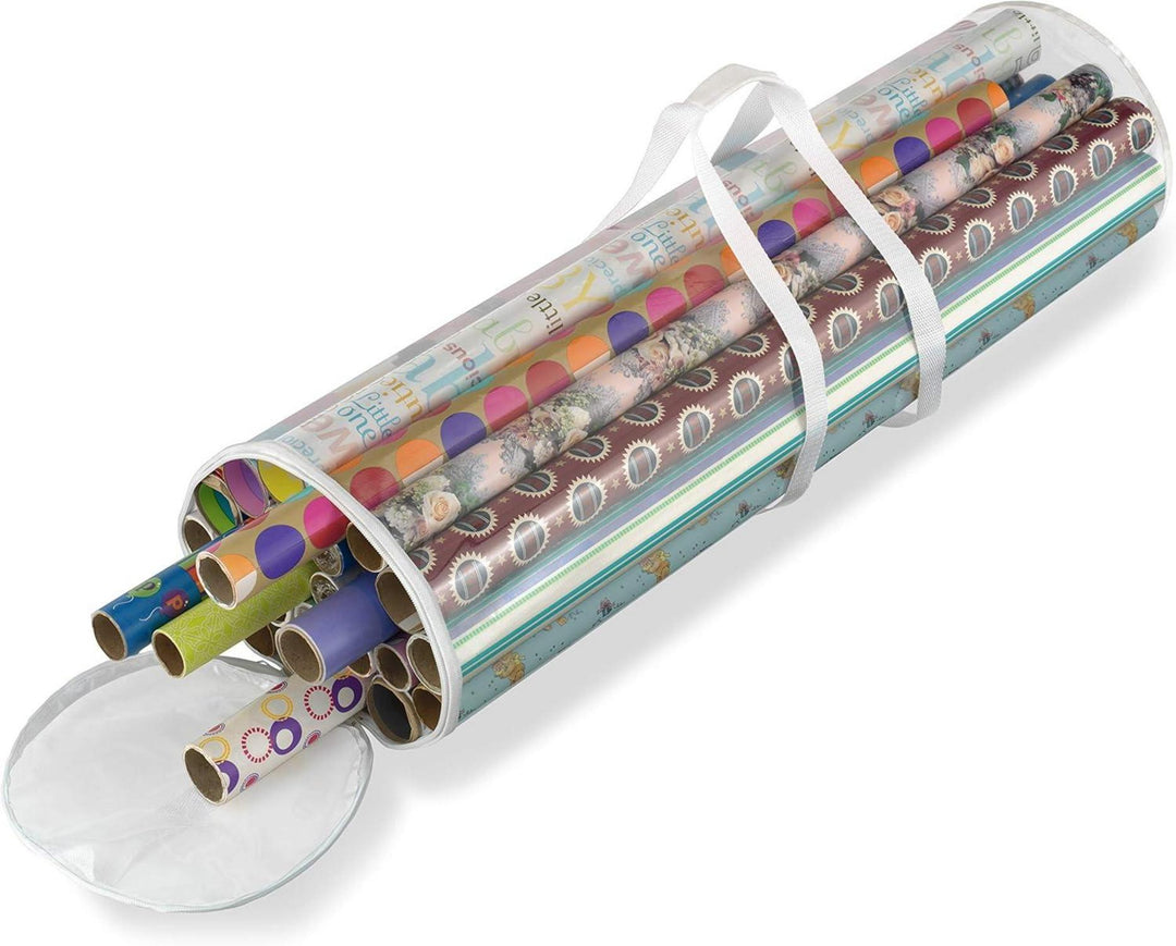 Geschenkpapier Organizer | Transparente Aufbewahrungstasche für bis zu 25 Geschenkpapierrollen mit Reißverschluss und Tragegriffen