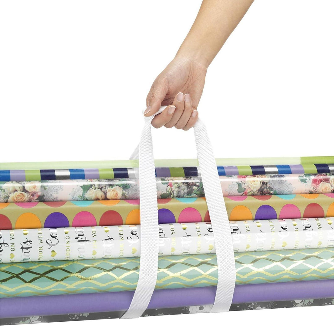 Geschenkpapier Organizer | Transparente Aufbewahrungstasche für bis zu 25 Geschenkpapierrollen mit Reißverschluss und Tragegriffen