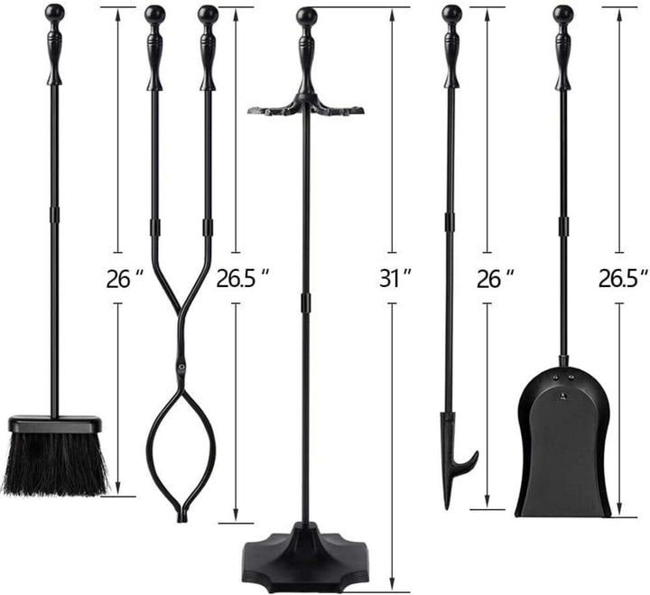 Kaminbesteck Set 5-teilig | Schmiedeeisernes Kaminzubehör mit Feuerzange, Schaufel, Bürste, Schürhaken und Ständer für Kamin und Ofen