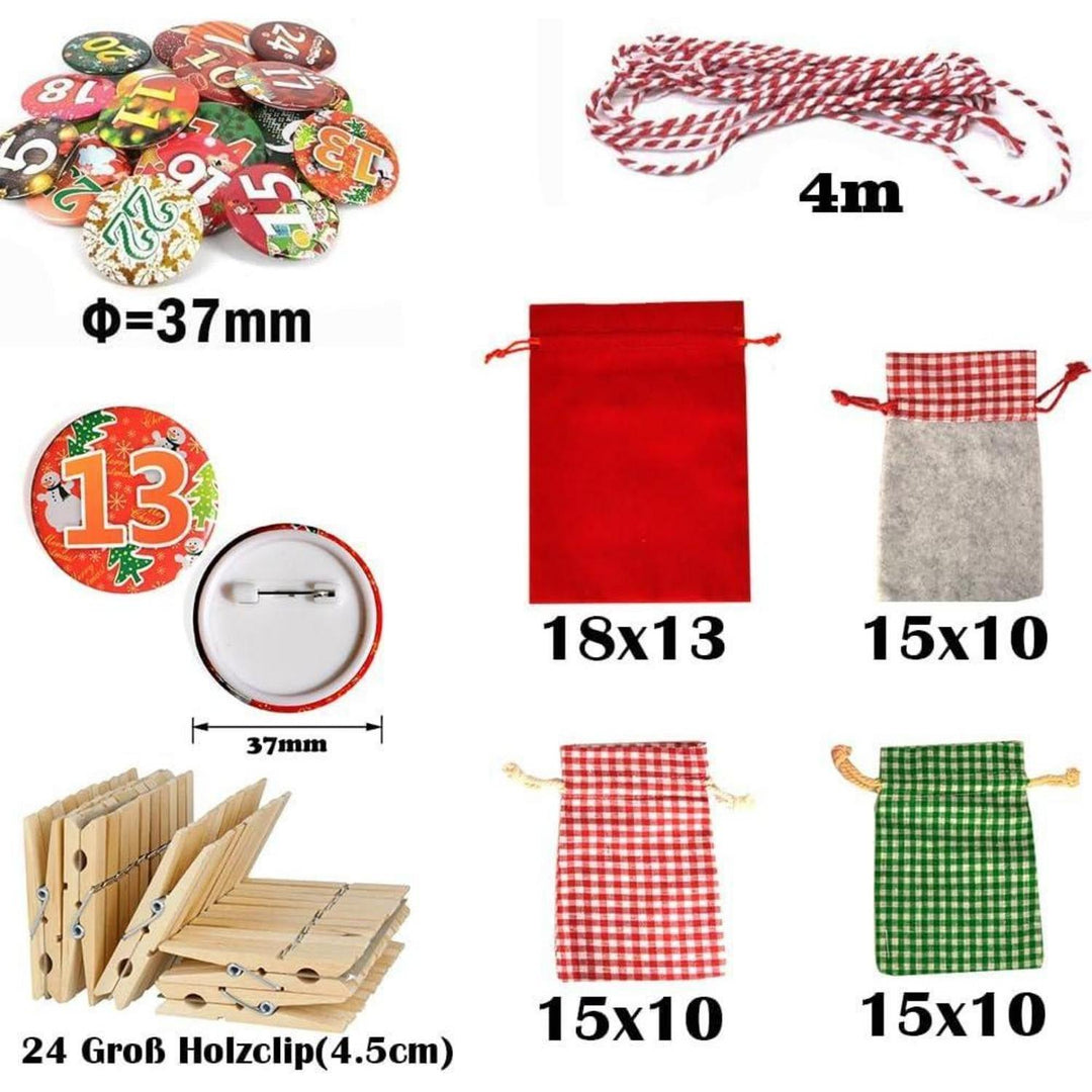 Adventskalender zum Befüllen mit 24 XXL Stoffsäckchen | Wiederverwendbares Set mit Zahlen, Holzklammern und 4 m Kordel
