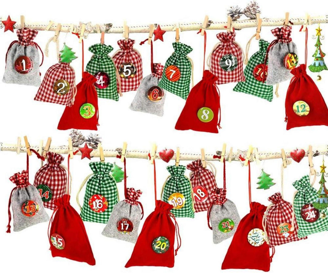 Adventskalender zum Befüllen mit 24 XXL Stoffsäckchen | Wiederverwendbares Set mit Zahlen, Holzklammern und 4 m Kordel