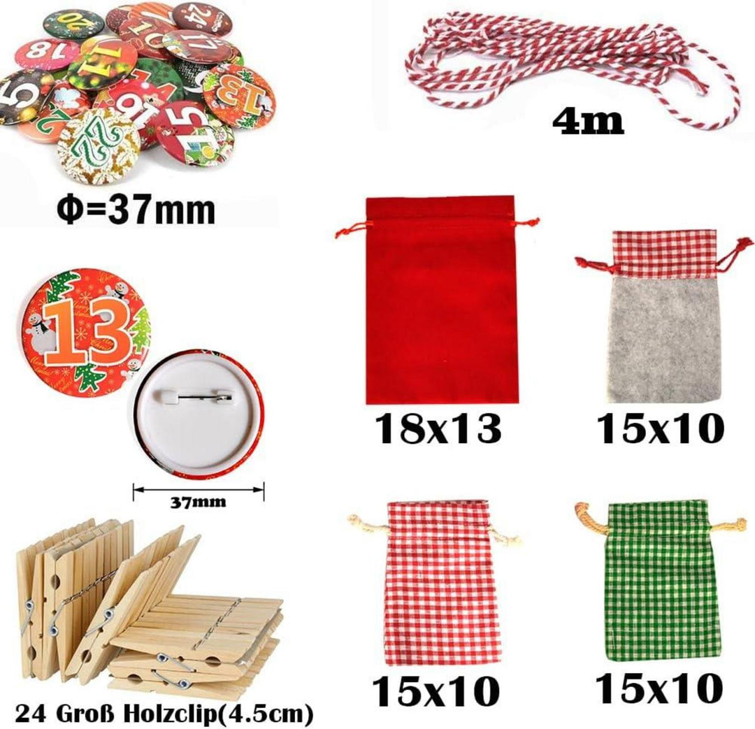 Adventskalender zum Befüllen mit 24 XXL Stoffsäckchen | Wiederverwendbares Set mit Zahlen, Holzklammern und 4 m Kordel