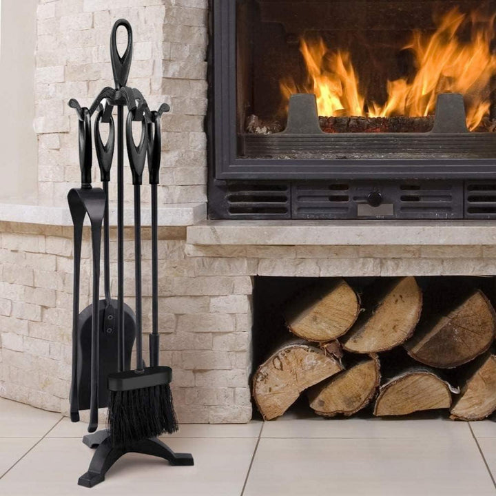 Kaminbesteck Set 5-teilig | Kaminzubehör mit Feuerzange, Schaufel, Bürste, Schürhaken und stabilem Ständer für Kamin und Ofen