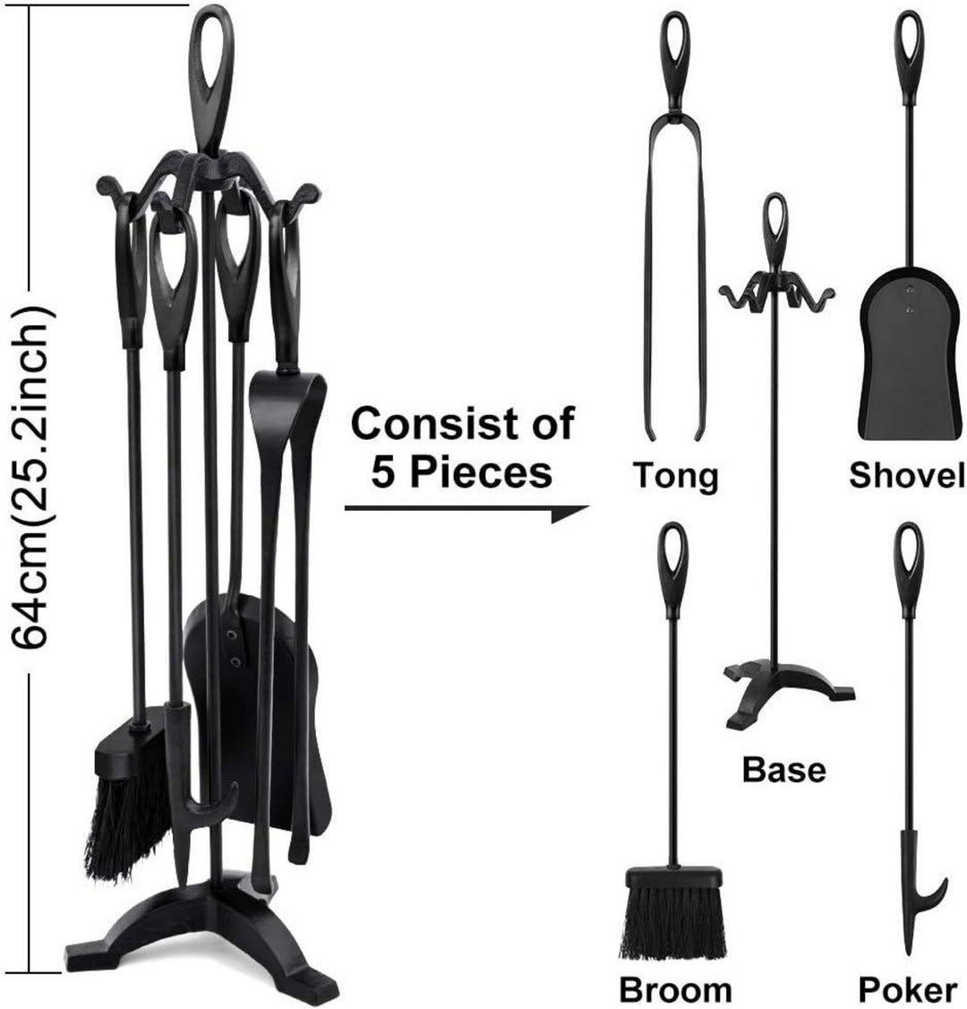 Kaminbesteck Set 5-teilig | Kaminzubehör mit Feuerzange, Schaufel, Bürste, Schürhaken und stabilem Ständer für Kamin und Ofen