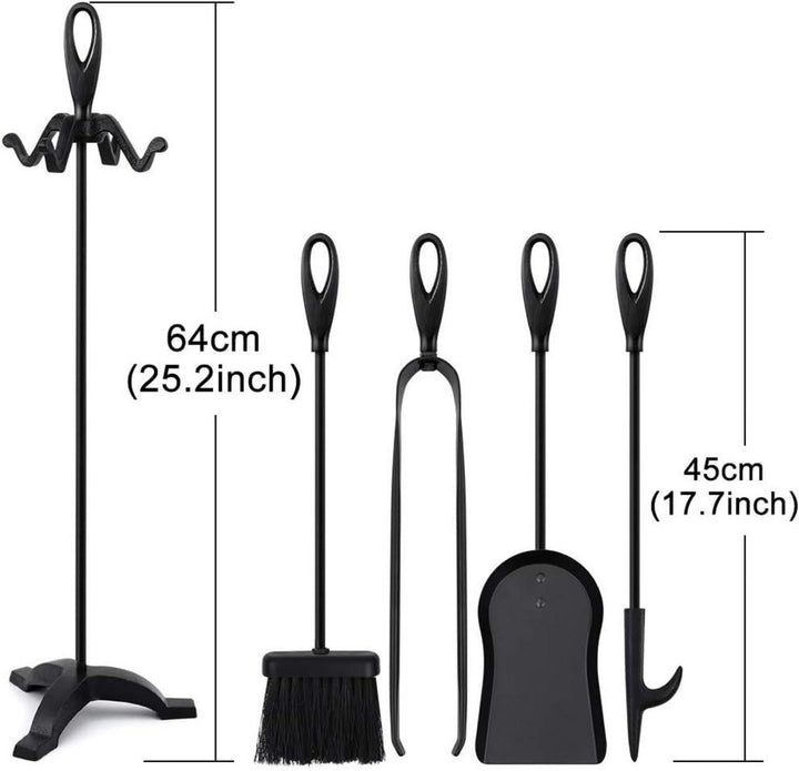 Kaminbesteck Set 5-teilig | Kaminzubehör mit Feuerzange, Schaufel, Bürste, Schürhaken und stabilem Ständer für Kamin und Ofen