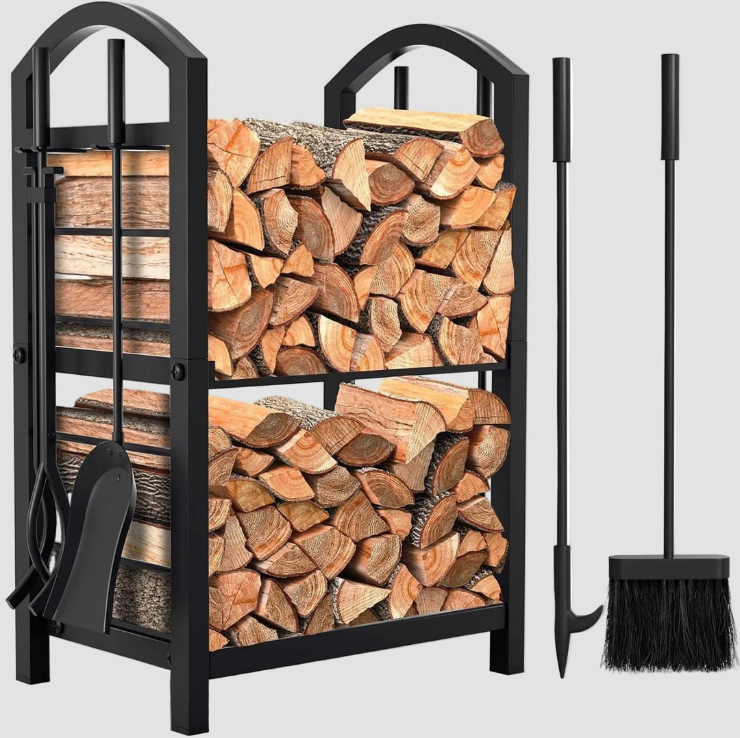 Kaminholzregal aus Stahl 74 x 40 x 30 cm mit Kaminbesteck | Schwarz, pulverbeschichtet, 4 Kaminwerkzeuge für innen und außen