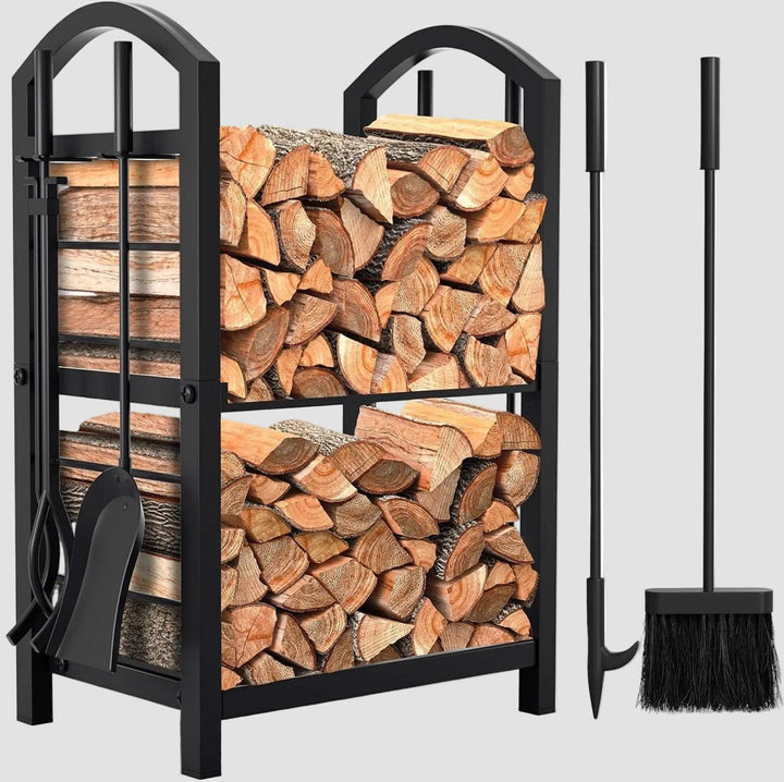Kaminholzregal aus Stahl 74 x 40 x 30 cm mit Kaminbesteck | Schwarz, pulverbeschichtet, 4 Kaminwerkzeuge für innen und außen