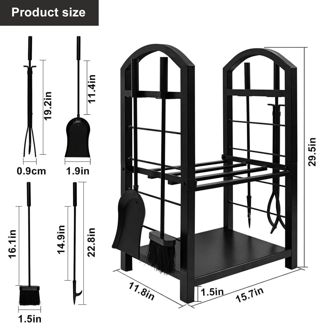Kaminholzregal aus Stahl 74 x 40 x 30 cm mit Kaminbesteck | Schwarz, pulverbeschichtet, 4 Kaminwerkzeuge für innen und außen