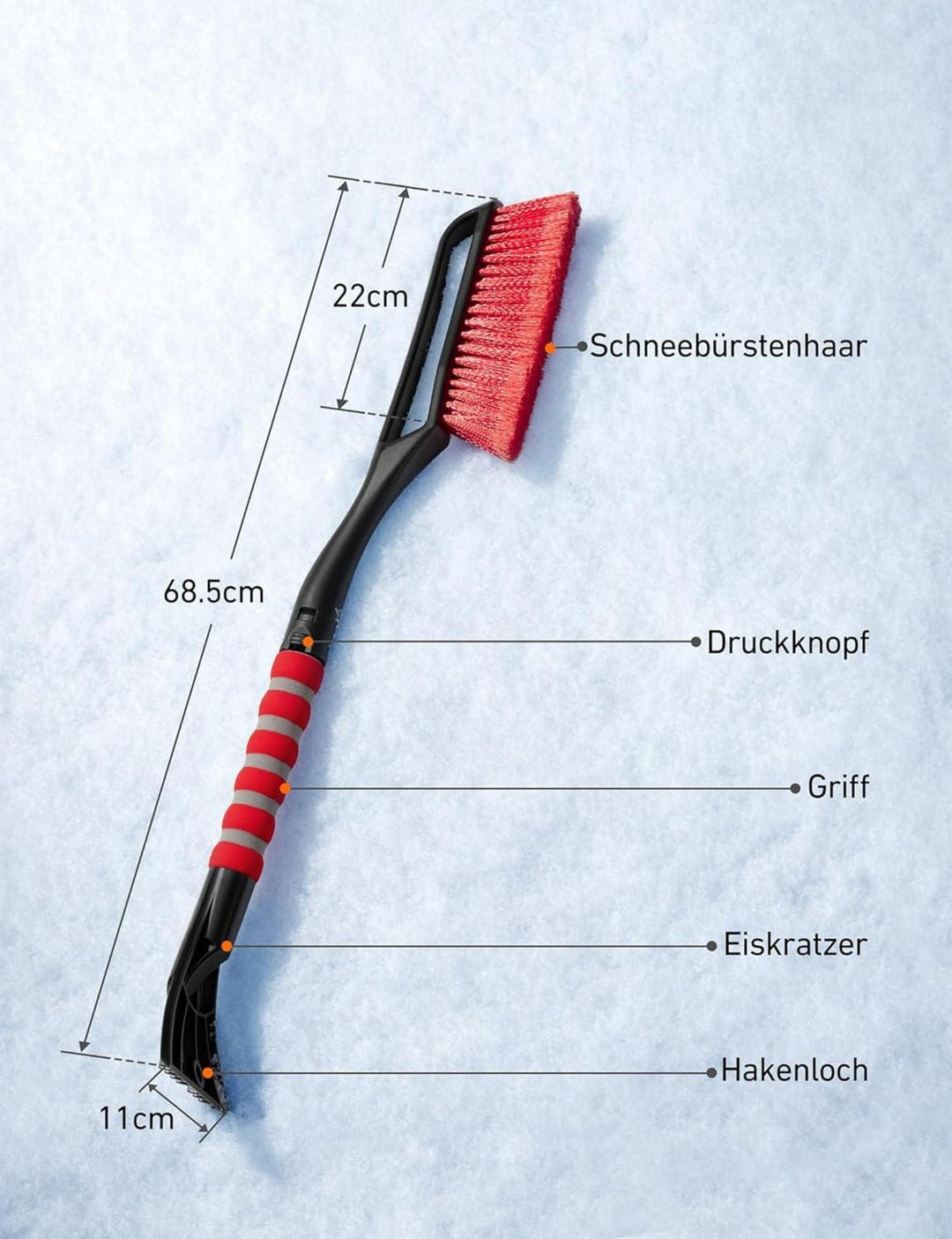 Eiskratzer Auto mit Schneebesen 68 cm | Abnehmbare Schneebürste mit lackschonenden Borsten und rutschfestem Griff für den Winter