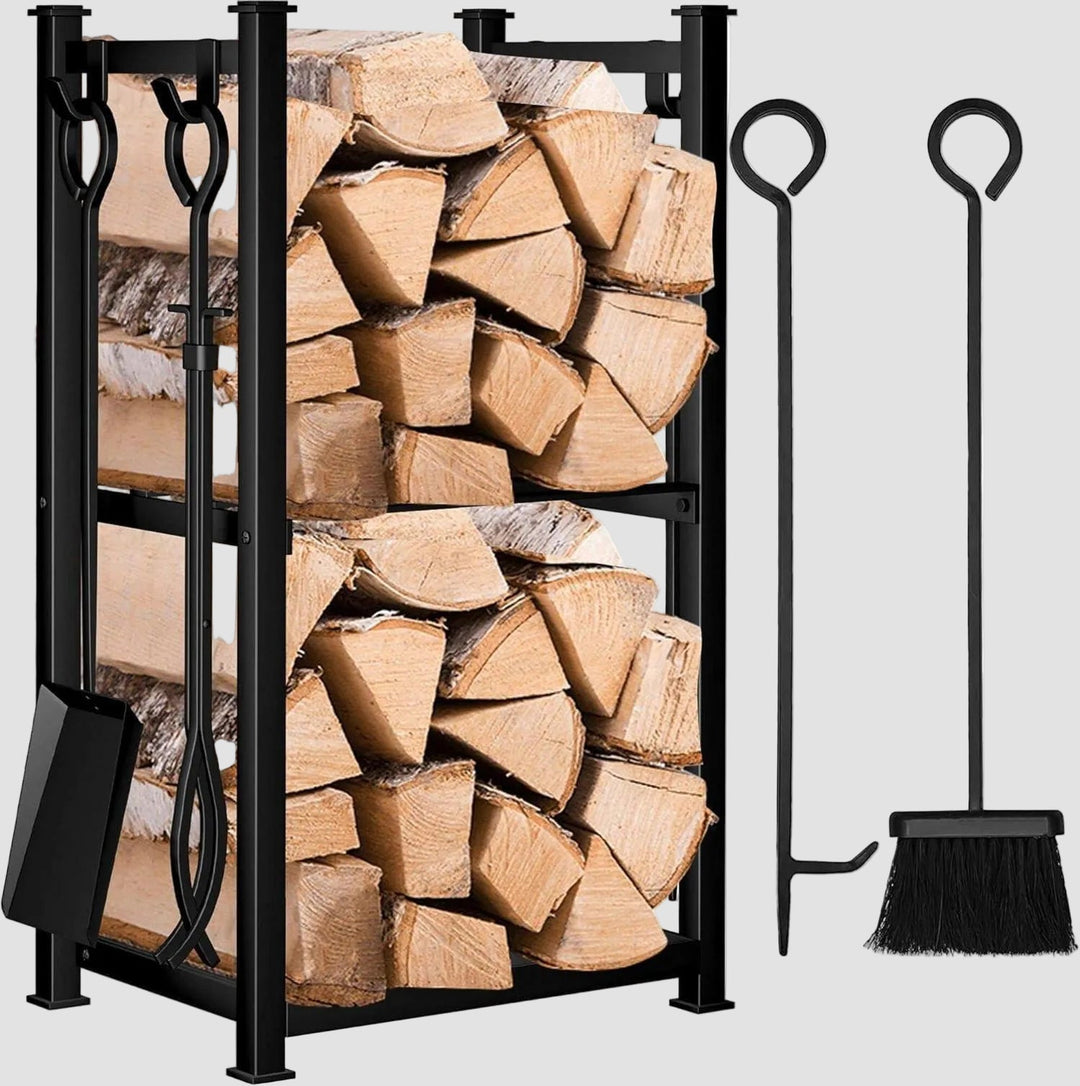 Kaminholzregal aus Schmiedeeisen 72 x 46 x 30 cm | Mit 4 Kaminwerkzeugen, 2 Ablagen und schwarzer Pulverbeschichtung für innen und außen