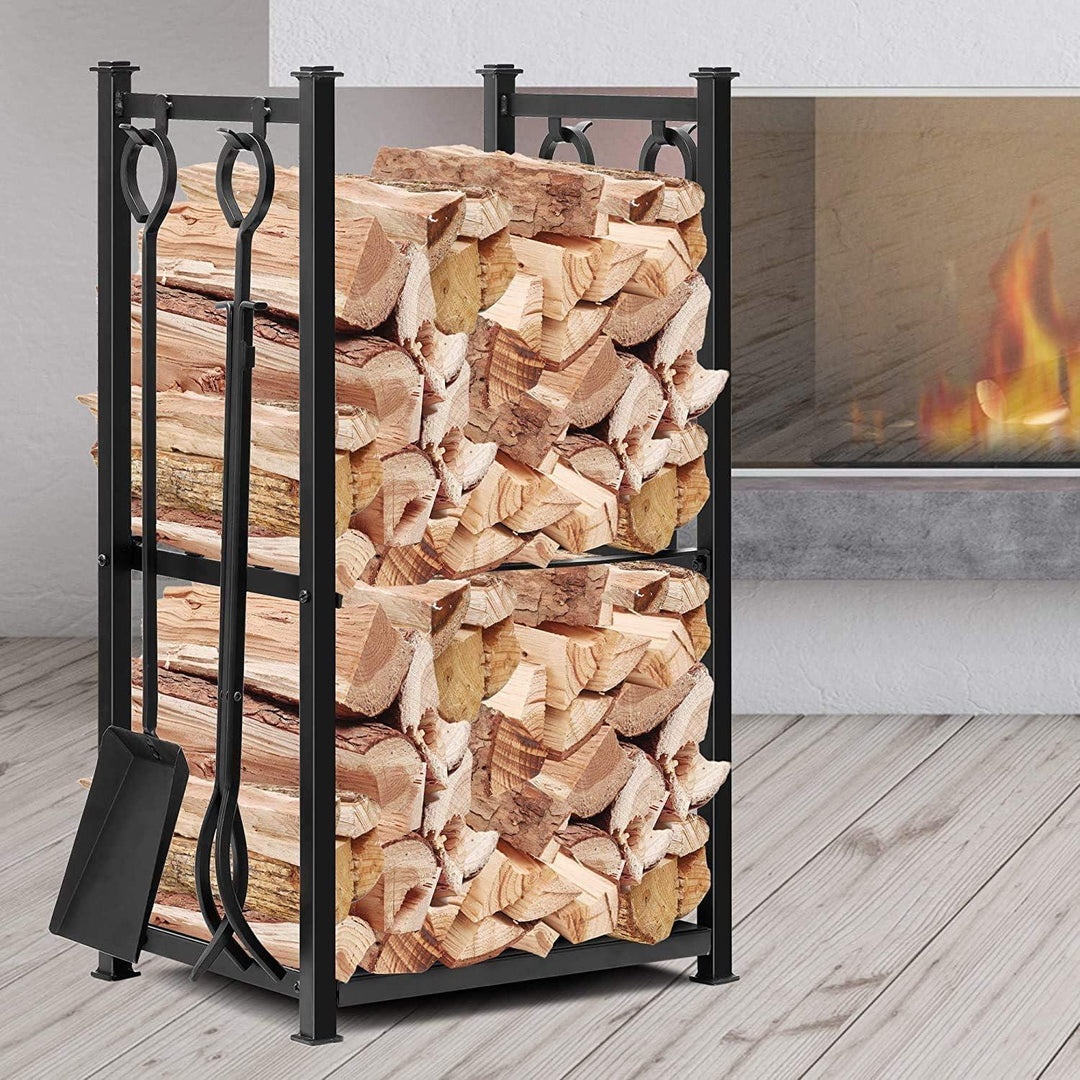 Kaminholzregal aus Schmiedeeisen 72 x 46 x 30 cm | Mit 4 Kaminwerkzeugen, 2 Ablagen und schwarzer Pulverbeschichtung für innen und außen