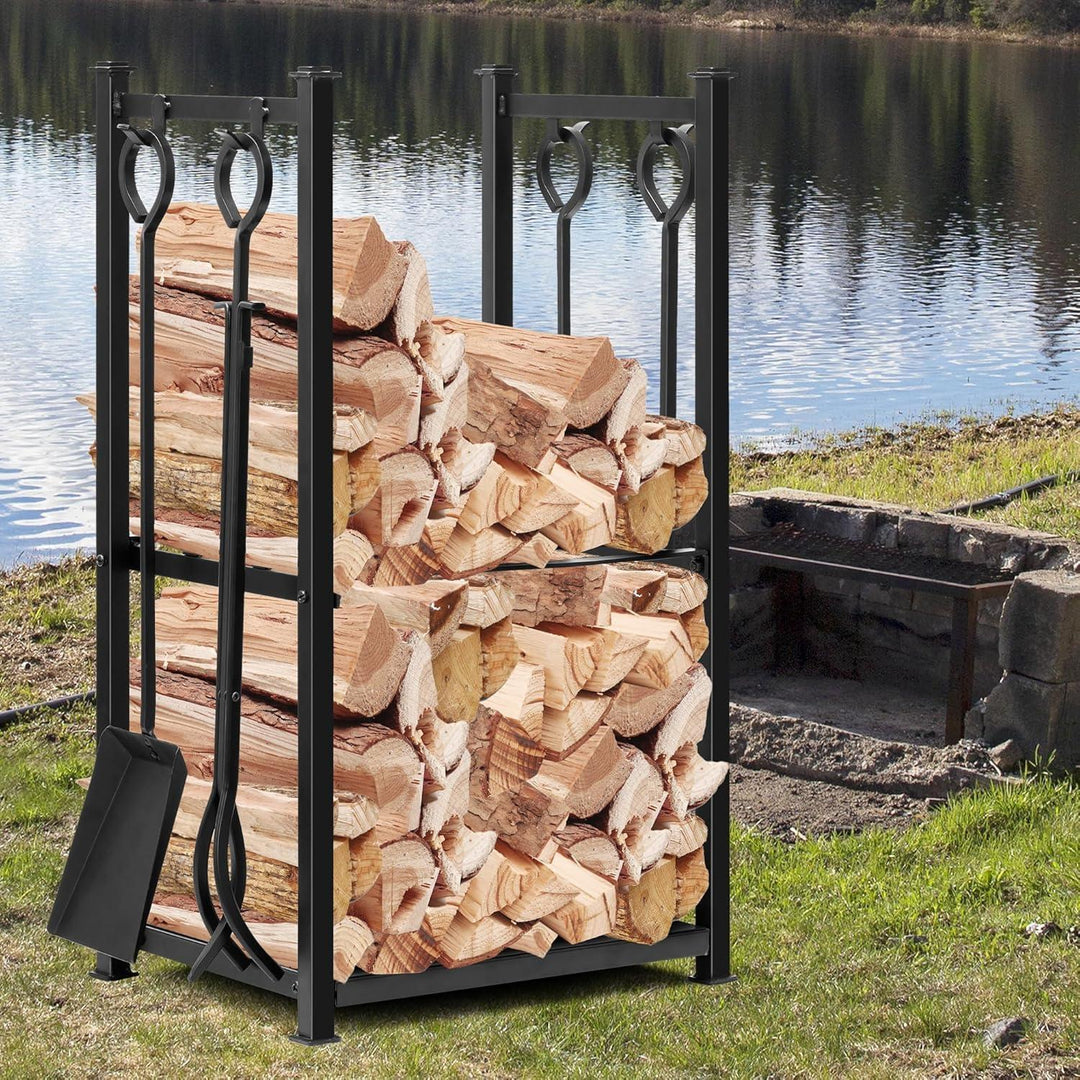Kaminholzregal aus Schmiedeeisen 72 x 46 x 30 cm | Mit 4 Kaminwerkzeugen, 2 Ablagen und schwarzer Pulverbeschichtung für innen und außen