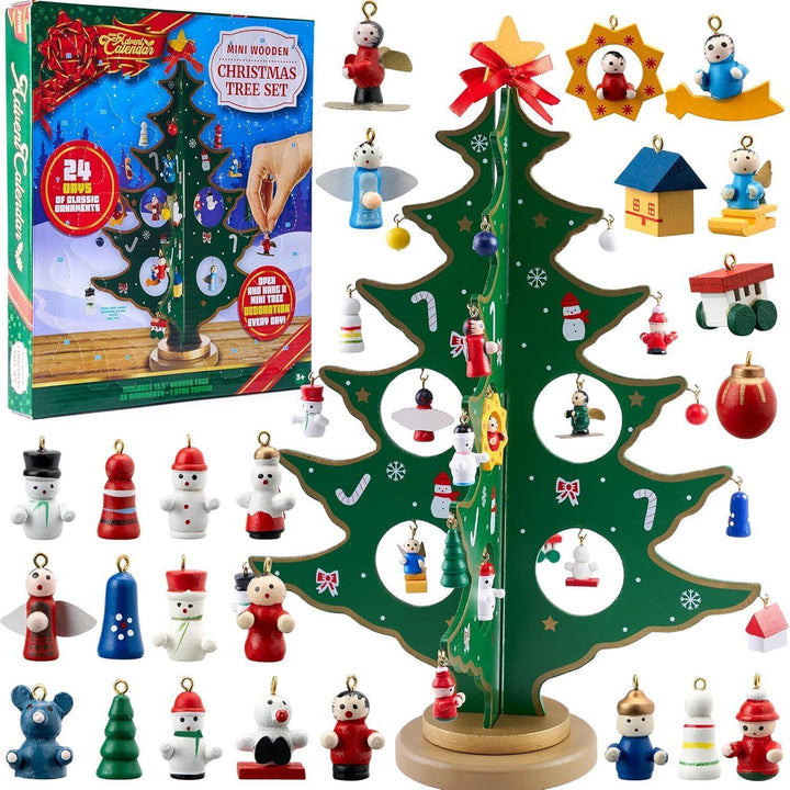 Adventskalender 2026 mit Holz-Weihnachtsbaum | 24 Tage Weihnachts-Countdown mit 28 Ornamenten, Sternspitze und Baumschmuck für Kinder