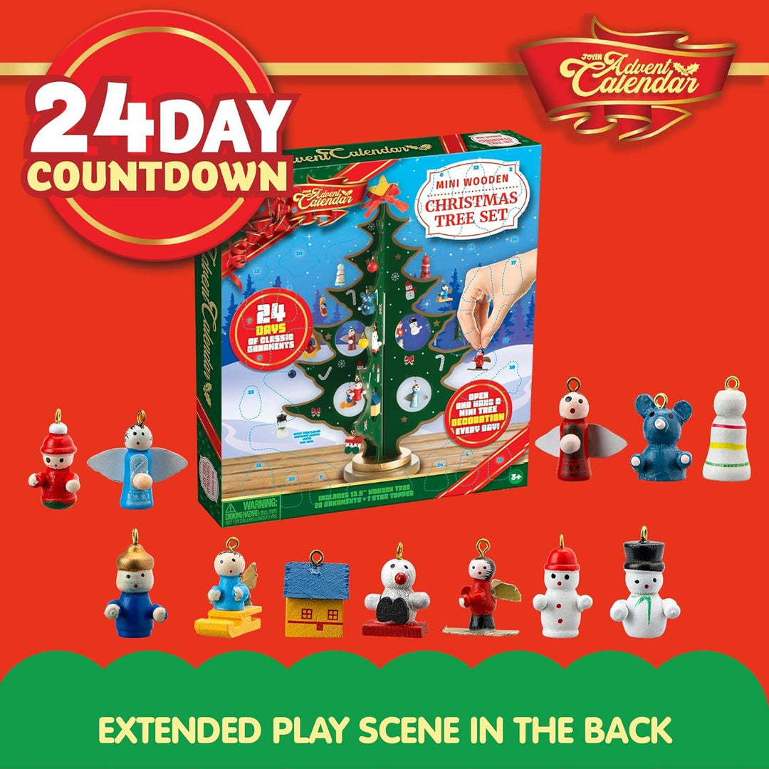 Adventskalender 2026 mit Holz-Weihnachtsbaum | 24 Tage Weihnachts-Countdown mit 28 Ornamenten, Sternspitze und Baumschmuck für Kinder