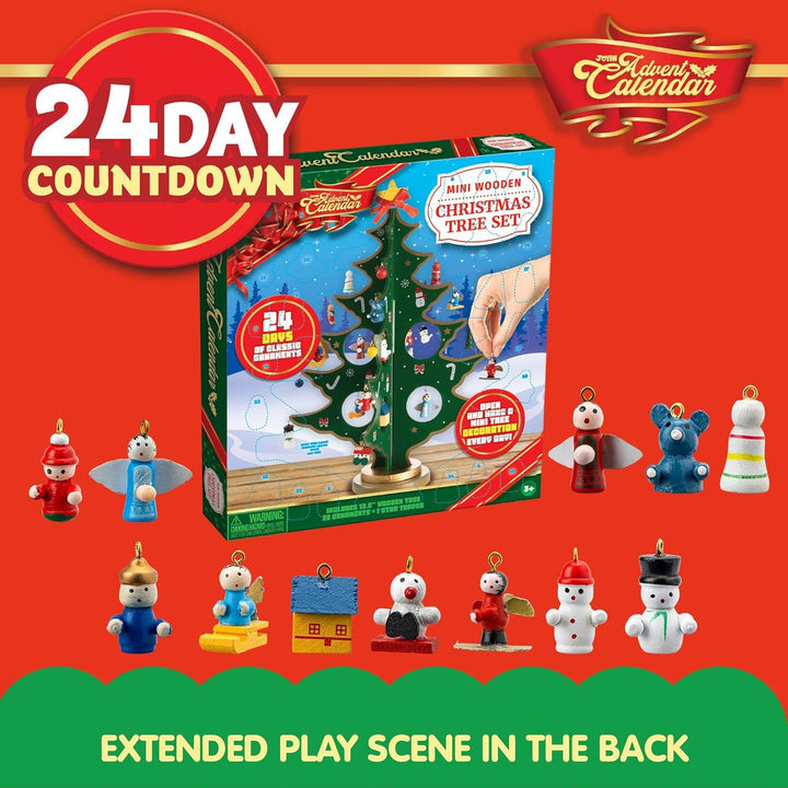 Adventskalender 2026 mit Holz-Weihnachtsbaum | 24 Tage Weihnachts-Countdown mit 28 Ornamenten, Sternspitze und Baumschmuck für Kinder