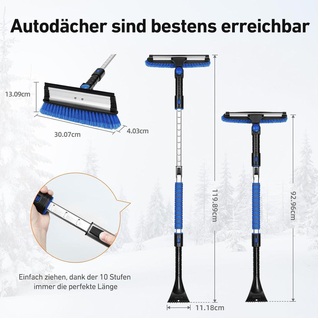 Eiskratzer Auto ausziehbar bis 119,9 cm mit Schneebesen | 3-in-1 Schneebürste mit 180° Drehkopf, Silikonabzieher und EVA-Griff