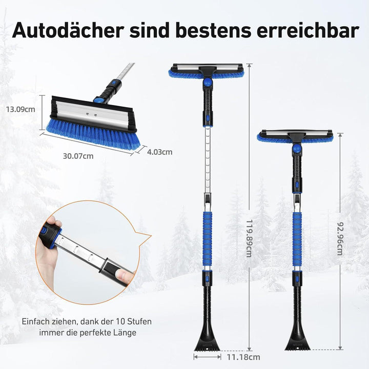 Eiskratzer Auto ausziehbar bis 119,9 cm mit Schneebesen | 3-in-1 Schneebürste mit 180° Drehkopf, Silikonabzieher und EVA-Griff