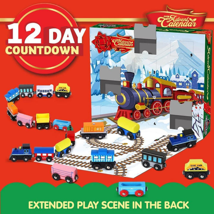 Adventskalender für Kinder 2026 | 12 Tage mit Holz-Eisenbahnwaggons, Magnetverbindung und Rückziehfunktion zum Spielen