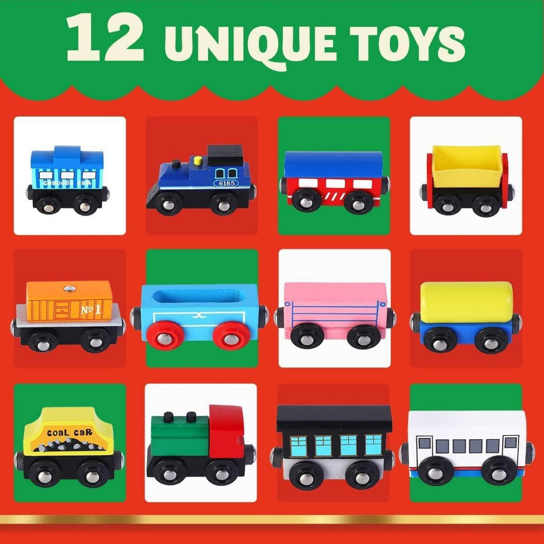 Adventskalender für Kinder 2026 | 12 Tage mit Holz-Eisenbahnwaggons, Magnetverbindung und Rückziehfunktion zum Spielen
