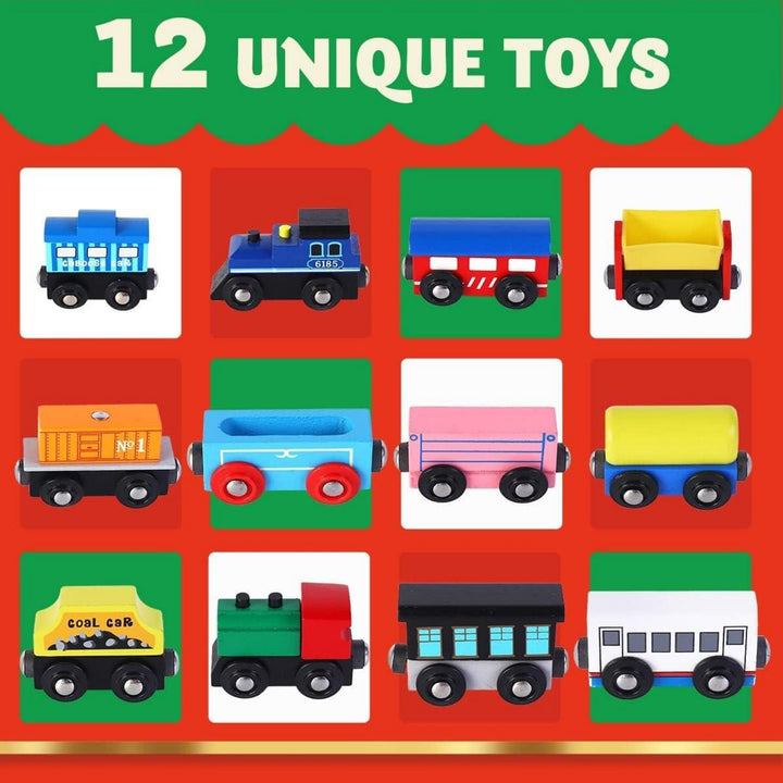 Adventskalender für Kinder 2026 | 12 Tage mit Holz-Eisenbahnwaggons, Magnetverbindung und Rückziehfunktion zum Spielen