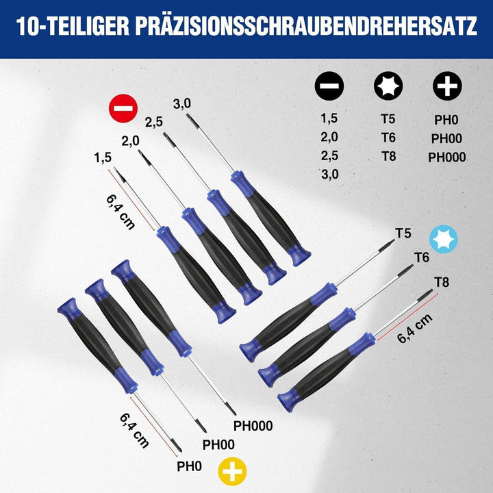Mini Schraubendreher Set 10-teilig | Präzisions Schraubendreher mit Schlitz, Kreuz und Torx, Magnetisierer und Aufbewahrungstasche