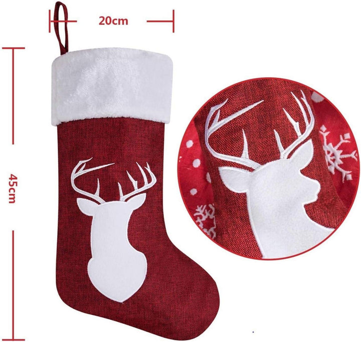 Weihnachtsstrümpfe 2er Set 45 x 20 cm | Große rote Nikolausstrümpfe mit Rentiermotiv und Aufhängeöse zum Befüllen und Dekorieren