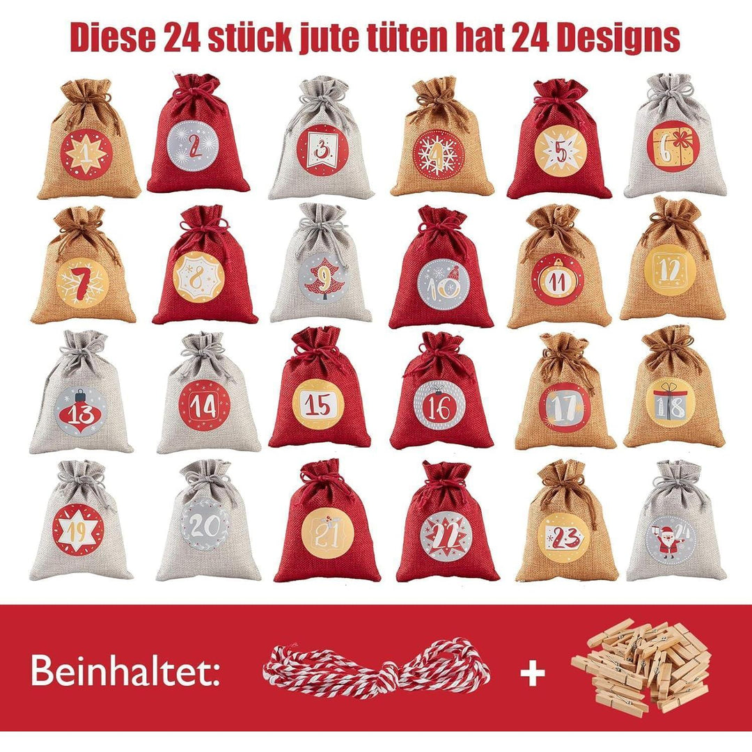 Adventskalender zum Befüllen mit 24 Jutesäckchen | Wiederverwendbare Geschenksäckchen 12 x 16 cm in Rot-Grau mit Zahlen und Aufhängeschnur
