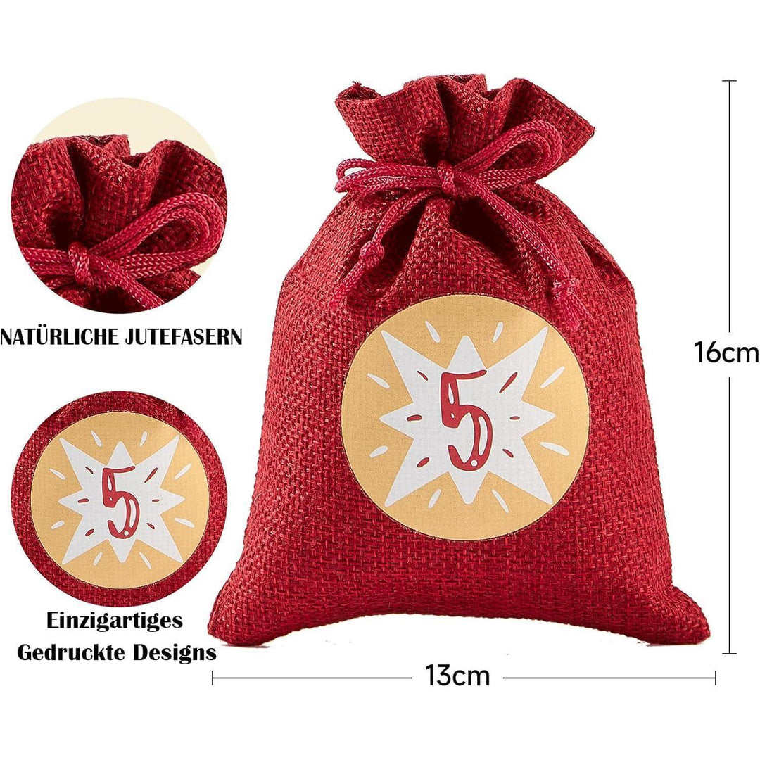Adventskalender zum Befüllen mit 24 Jutesäckchen | Wiederverwendbare Geschenksäckchen 12 x 16 cm in Rot-Grau mit Zahlen und Aufhängeschnur