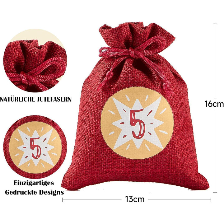 Adventskalender zum Befüllen mit 24 Jutesäckchen | Wiederverwendbare Geschenksäckchen 12 x 16 cm in Rot-Grau mit Zahlen und Aufhängeschnur