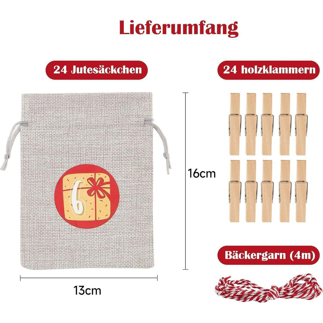 Adventskalender zum Befüllen mit 24 Jutesäckchen | Wiederverwendbare Geschenksäckchen 12 x 16 cm in Rot-Grau mit Zahlen und Aufhängeschnur