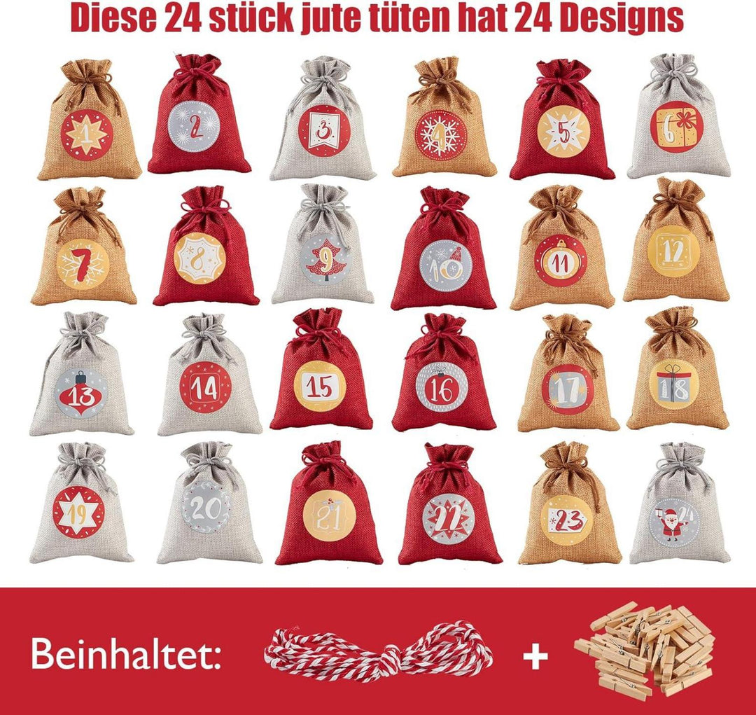 Adventskalender zum Befüllen mit 24 Jutesäckchen | Wiederverwendbare Geschenksäckchen 12 x 16 cm in Rot-Grau mit Zahlen und Aufhängeschnur