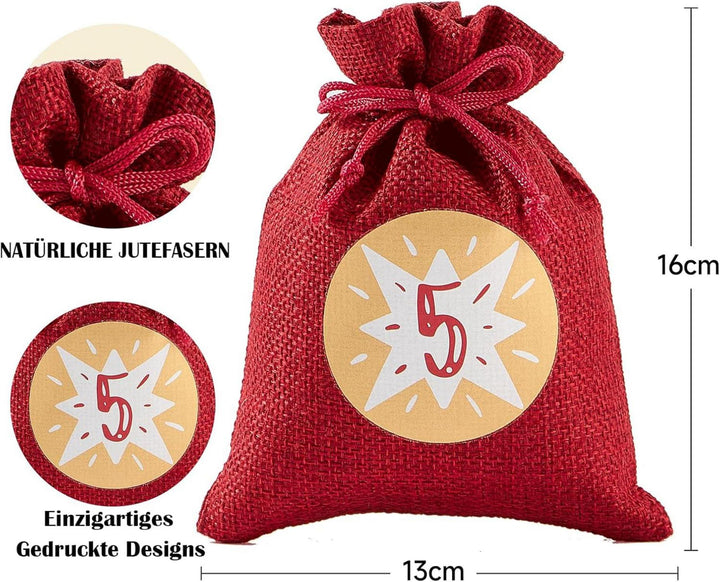 Adventskalender zum Befüllen mit 24 Jutesäckchen | Wiederverwendbare Geschenksäckchen 12 x 16 cm in Rot-Grau mit Zahlen und Aufhängeschnur