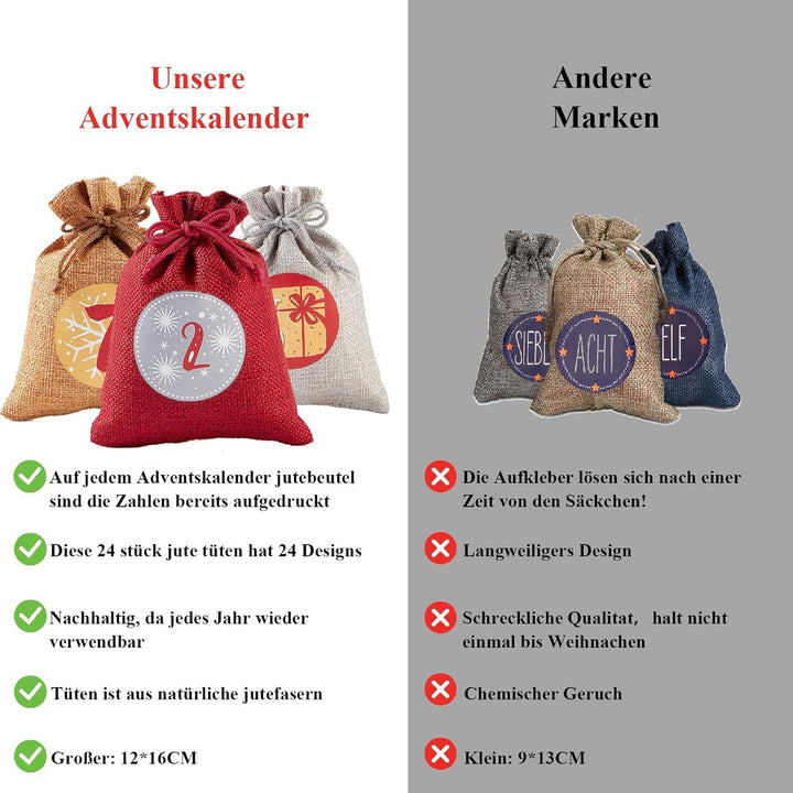 Adventskalender zum Befüllen mit 24 Jutesäckchen | Wiederverwendbare Geschenksäckchen 12 x 16 cm in Rot-Grau mit Zahlen und Aufhängeschnur