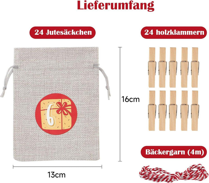 Adventskalender zum Befüllen mit 24 Jutesäckchen | Wiederverwendbare Geschenksäckchen 12 x 16 cm in Rot-Grau mit Zahlen und Aufhängeschnur