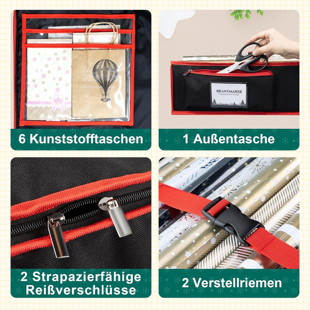 Geschenkpapier Aufbewahrungstasche | Organizer für 18–24 Geschenkpapierrollen mit 6 Fächern, Reißverschluss und Tragegriffen