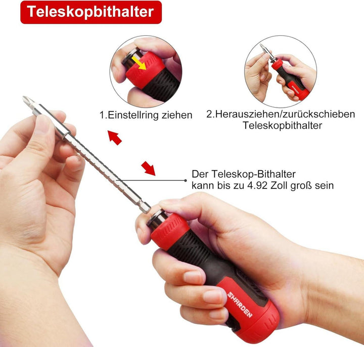 Multibit Schraubendreher 13-in-1 | Magnetischer Bithalter mit 12 Wechselbits, Teleskopschaft und Bitfach im Griff für Reparaturen