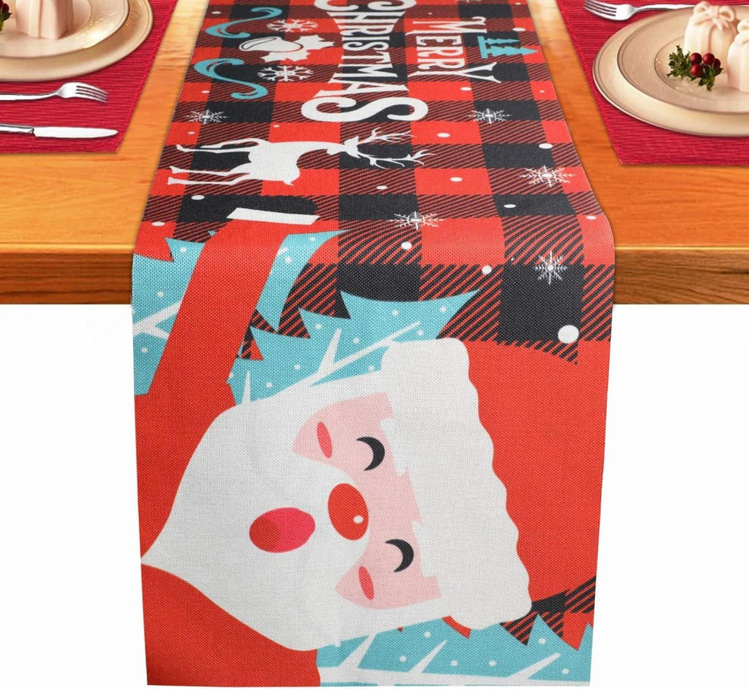Weihnachtlicher Tischläufer aus Leinen in Rot | 35 x 180 cm mit Schneemann, Elch und Weihnachtsmann für festliche Tischdekoration